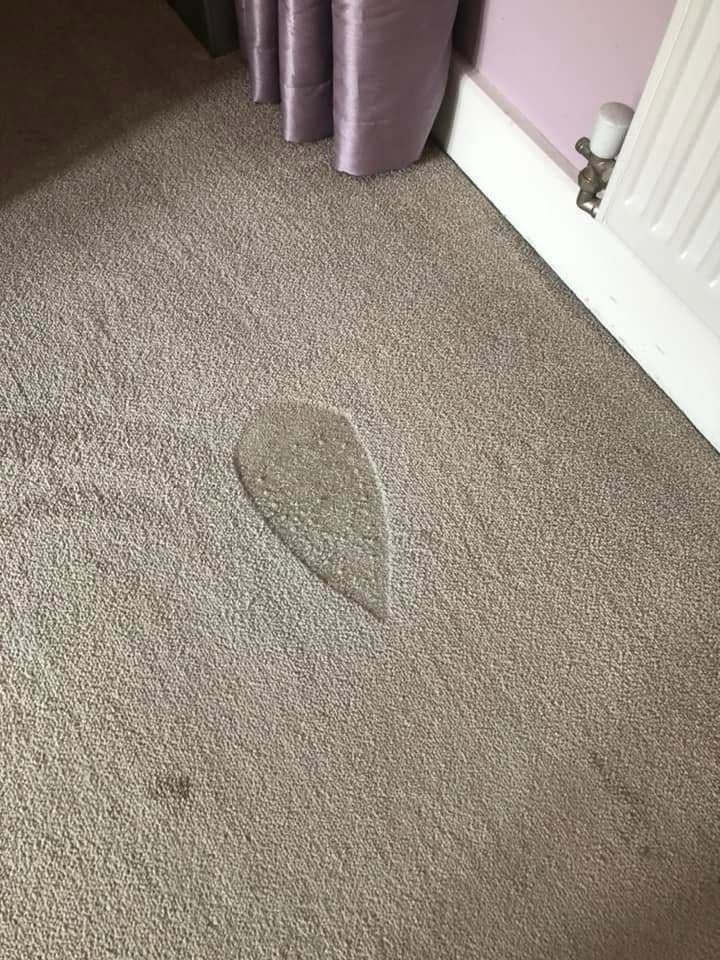 Beige carpet with teardrop stain before cleaning