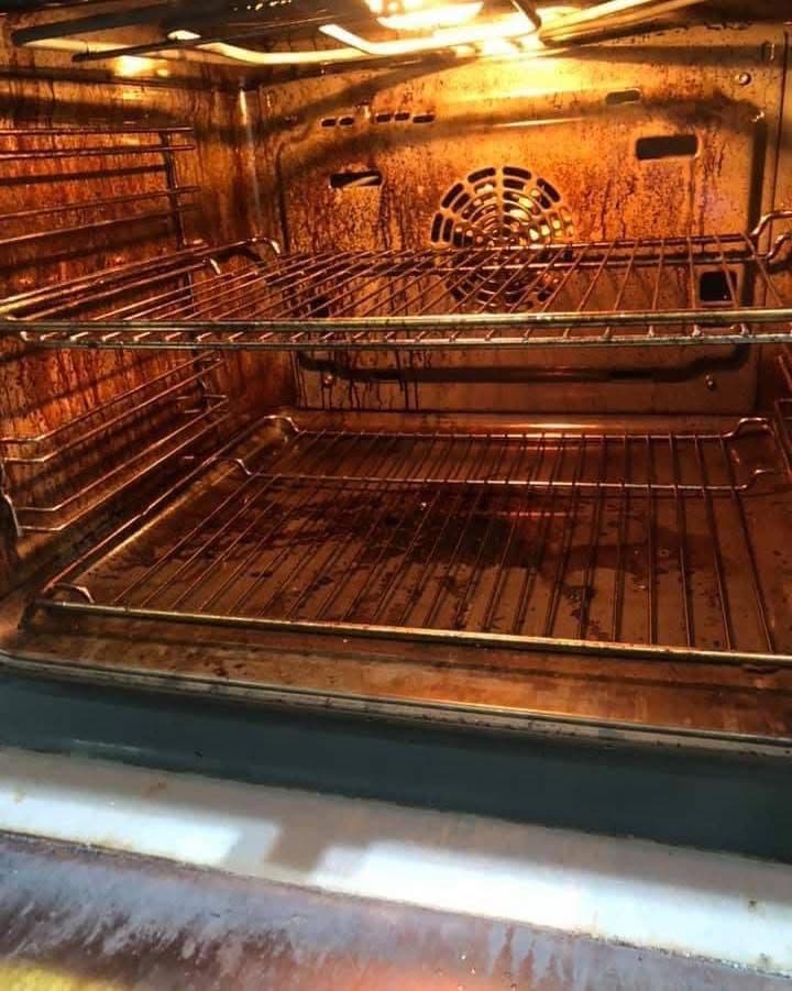 Dirty oven interior with grease build-up before deep clean